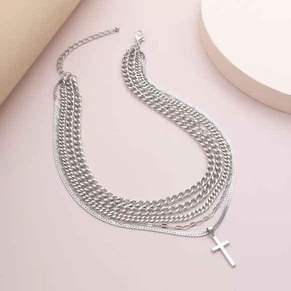 Silver Multilayer Cross Necklace - Picture 3 of 8